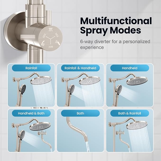Rainshower Head with Handheld Spray, Retrofit Shower System | Solid Brass Connecter, High Pressure Shower Head with Adjustable Holder& Tub Spout, 60" Stainless Steel Hose, Brushed Nickel