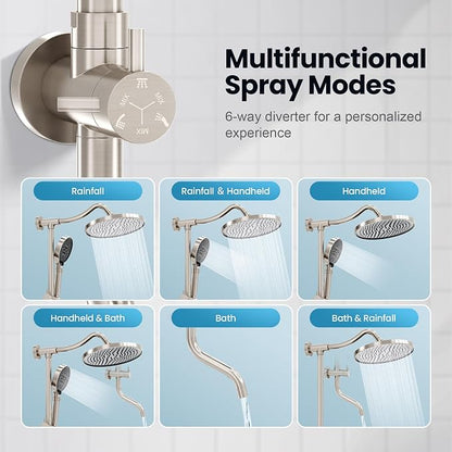Rainshower Head with Handheld Spray, Retrofit Shower System | Solid Brass Connecter, High Pressure Shower Head with Adjustable Holder& Tub Spout, 60" Stainless Steel Hose, Brushed Nickel