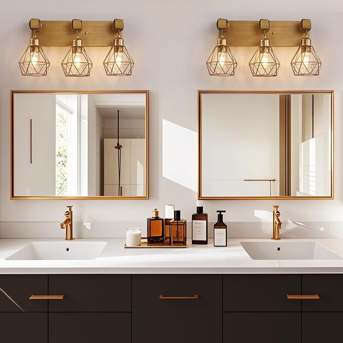 VbiTmn Bathroom Light Fixtures, 3 Light Brushed Gold Wood Vanity Lights | Farmhouse Design, Diamond Metal Shades, Easy to Install, Wall Sconces for Bathroom, Bedroom, Makeup Area, Over Vanity Mirror