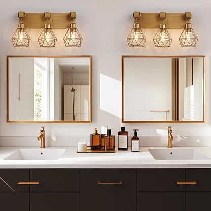VbiTmn Bathroom Light Fixtures, 3 Light Brushed Gold Wood Vanity Lights | Farmhouse Design, Diamond Metal Shades, Easy to Install, Wall Sconces for Bathroom, Bedroom, Makeup Area, Over Vanity Mirror