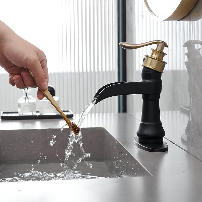 Waterfall Bathroom Sink Faucet Brushed Gold with Black | Single-Handle Single Hole, Deck Mounted, Includes Pop Up Drain with Overflow and Supply Lines Hose, Modern Farmhouse Decor