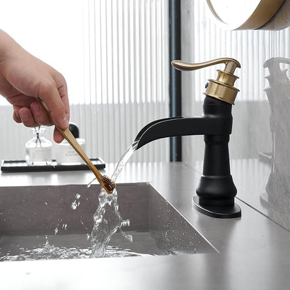 Waterfall Bathroom Sink Faucet Brushed Gold with Black | Single-Handle Single Hole, Deck Mounted, Includes Pop Up Drain with Overflow and Supply Lines Hose, Modern Farmhouse Decor