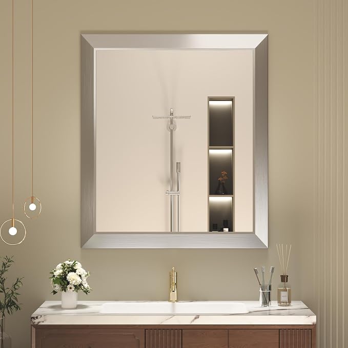 SMIROR 28x32 Brushed Silver Bathroom Vanity Mirror for Over Sink | Metal Wide Frame, Rectangle, Right- Angle Corner, Anti-Rust, Horizontally or Vertically Wall- Mounted for Home Remodel
