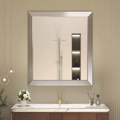 SMIROR 28x32 Brushed Silver Bathroom Vanity Mirror for Over Sink | Metal Wide Frame, Rectangle, Right- Angle Corner, Anti-Rust, Horizontally or Vertically Wall- Mounted for Home Remodel