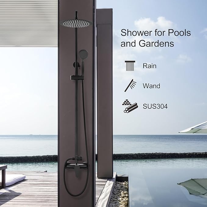 Generic MZ-0001H Matte Black Outdoor Shower Kit - Shower Head, Handheld Shower, Faucets, Valve - Wall Mount - 2 Handles - Stainless Steel - High Pressure, Water-Saving, Adjustable Settings