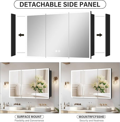 48×32inch Medicine Cabinet with Light,Recess Medicine Cabinet for Bathroom,3 Color,Dimmable,Demister,Detachable Side Plate for Recess Mount or Surface Mount