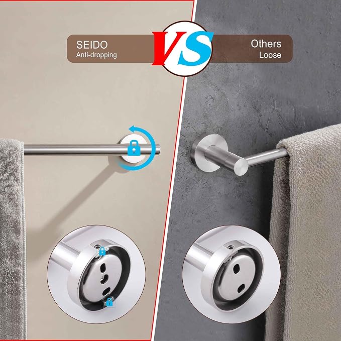 SEIDO Anti-Dropping Towel Holder with 33.3" Hanging Length, Stainless Steel Towel Bar for Bathroom Wall, Double Locking Design Towel Rack for Bathroom, Brushed Nickel, 36 Inch, 2pc