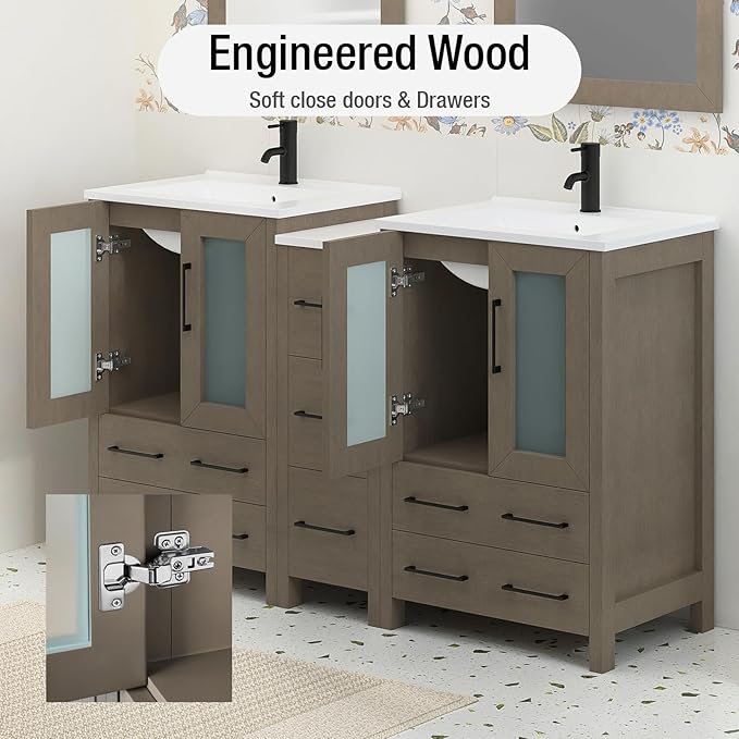 HOMEBEYOND 60 Inch Modern Bathroom Vanity with Sink & Mirror, Double Sink Vanity Cabinet with Basin and Mirror, Dove-Tailed Drawers, Soft-Closing Doors, Wood, Driftwood Gray