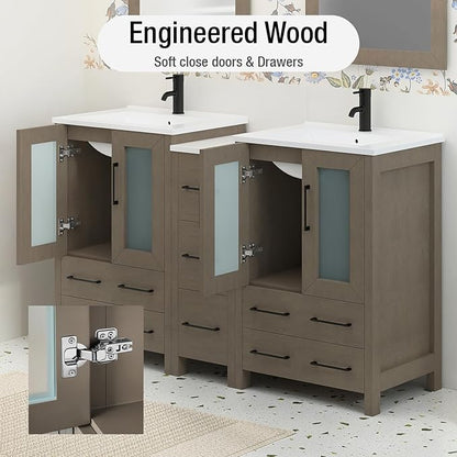 HOMEBEYOND 60 Inch Modern Bathroom Vanity with Sink & Mirror, Double Sink Vanity Cabinet with Basin and Mirror, Dove-Tailed Drawers, Soft-Closing Doors, Wood, Driftwood Gray