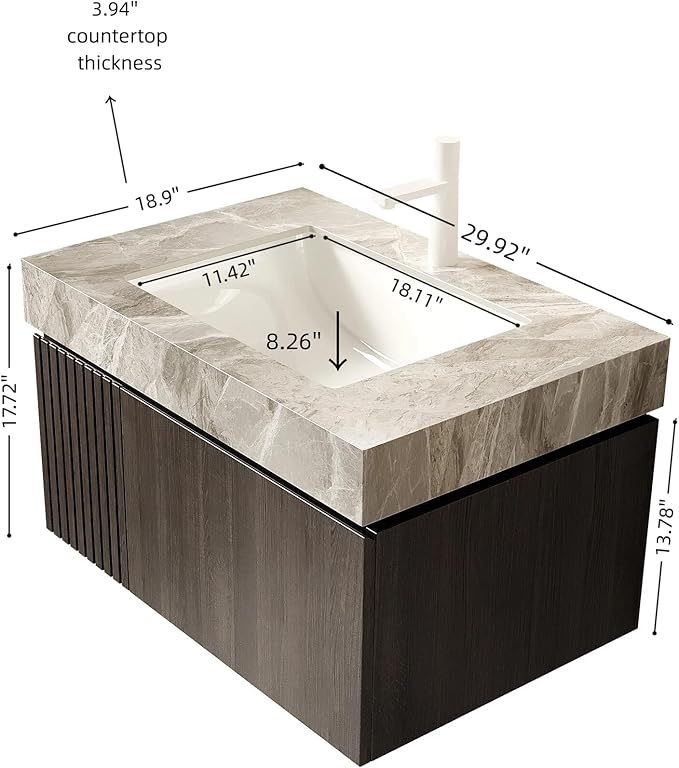 Bathroom Vanity with Sink 30 Inch, Floating Bathroom Vanity Sink Cabinet with Drawer and Door, Undermount Sink & Light Gray Sintered Stone Top, Pre-Assembled,Espresso
