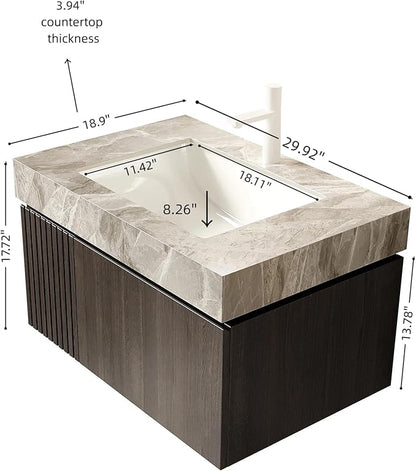 Bathroom Vanity with Sink 30 Inch, Floating Bathroom Vanity Sink Cabinet with Drawer and Door, Undermount Sink & Light Gray Sintered Stone Top, Pre-Assembled,Espresso