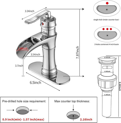 Chrome Bathroom Faucet Waterfall GGStudy Single Handle One Hole Farmhouse Bathroom Vanity Faucet Basin Mixter Tap Deck Mount with Drain Assembly