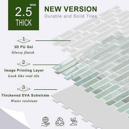 STICKGOO Thicker Peel and Stick Backsplash Tile for Kitchen and Bathroom | 10 Sheets of 12”×12” - 3D Vinyl Self Adhesive Wall Tiles Stick on Backsplash for Kitchen & Bathroom(Solna Green)
