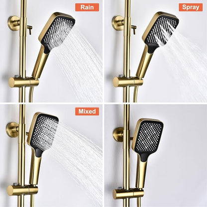 BEITH Thermostatic Shower System, 4 Piano Keys UFO Shower Faucet Set, 31x20cm Square Shower Set, Digital Display, 360° LED Ambient Light, Hydroelectric Power, with Bathtub Faucet (Brushed Gold)