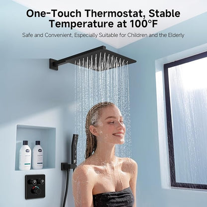 SR SUN RISE 100℉ Thermostatic Shower System,12" Luxury Rainfall Shower Head and High-Pressure Handheld Bathroom Shower Faucet Set,Shower Valve and Trim Kit Included (Matte Black)