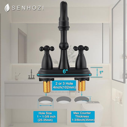 Matte Black Bathroom Faucet Antique, 4 Inch Centerset Bathroom Faucet 3 Hole, Stainless Steel Antique Bathroom Faucet Lavatory Faucet with Pop Up Drain Assembly and Supply Hose, SE-0038-BK