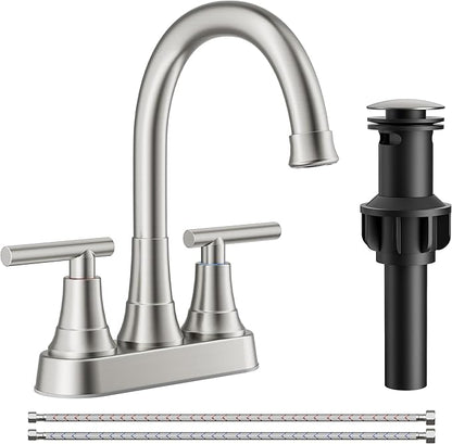 FORIOUS Centerset Bathroom Faucets for Sink 2 or 3 Hole, Brushed Nickel 4 Inch Bathroom Sink Faucet with Pop up Drain and cUPC Hose, 360° spout, Two Handles for Restroom,Vanity, RV Remodel