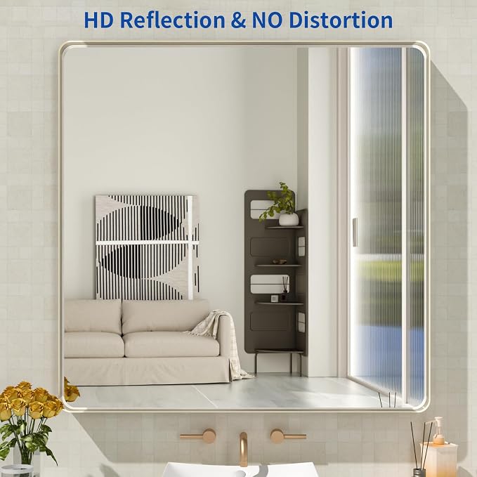 WEER Brushed Nickel Bathroom Mirror 36X36 Inch | Silver Metal Framed Vanity Mirror, Rounded Rectangle, Tempered Glass, Anti-Rust, Hangs Horizontally or Vertically