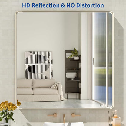 WEER Brushed Nickel Bathroom Mirror 36X36 Inch | Silver Metal Framed Vanity Mirror, Rounded Rectangle, Tempered Glass, Anti-Rust, Hangs Horizontally or Vertically