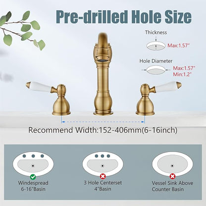 Aolemi 8 Inch Widespread Bathroom Sink Faucet 3 Hole Deck Mount Vanity Basin Mixer Tap with Pop Up Drain Assembly Antique Brass Double Ceramic Handle