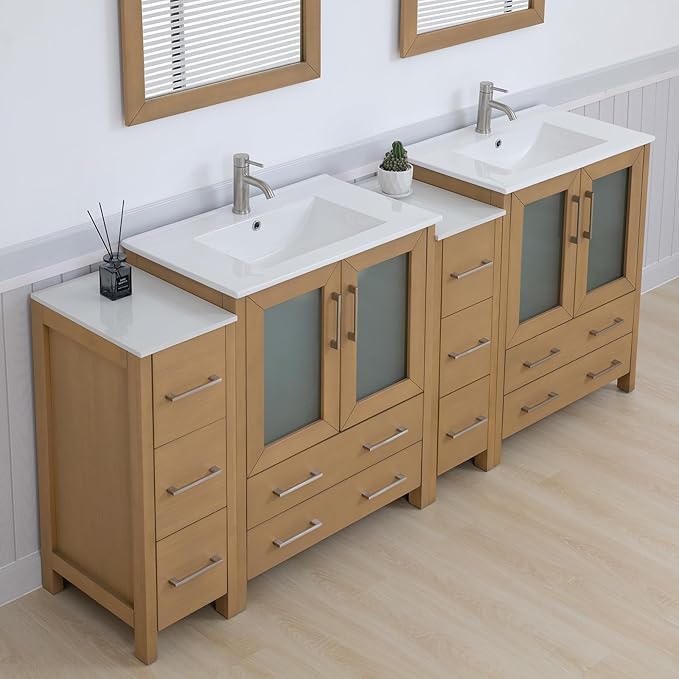 Vanity Art 84 Inch Under Mount Double Sink Bathroom Vanity Cabinet with 2 Mirrors, Ceramic Top Bathroom Cabinet Compact Set with 10 Dovetail Storage Drawers and Brushed Nickel Handles, VA3030-84-NO