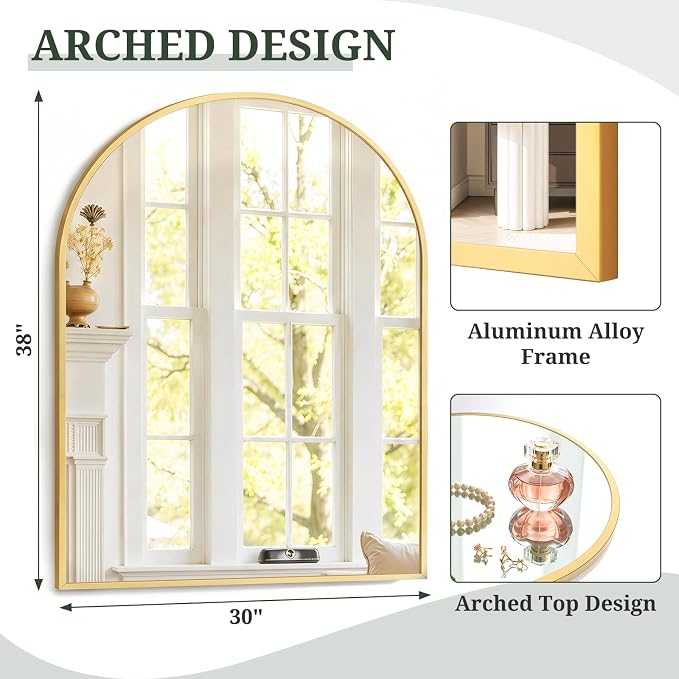 Arched Wall Mirror 38x30 Inch Gold Bathroom Vanity Mirror with Metal Frame | Modern Arch Mirror for Bedroom, Living Room, Entryway, Wall Mounted Decorative Mirror