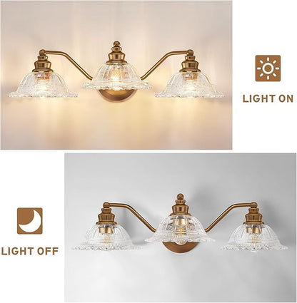 Redluck Vintage Bathroom Vanity Light Fixture, 3-Light Bathroom Lighting Fixtures Over Mirror, Antique Brass Finish with Crystal Glass Shade, Wall Sconces Lighting for Bedroom, Living Room, Hallway