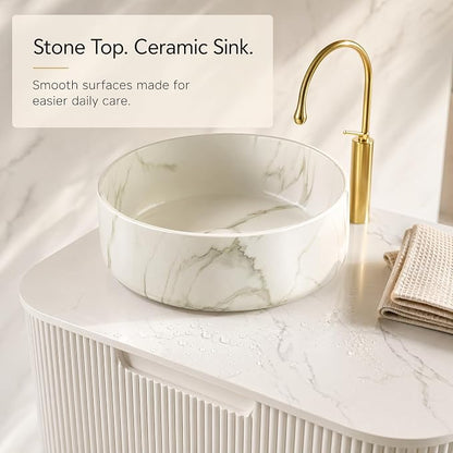 24 Inch Bathroom Vanity with Sink, Floating Wall Mounted Single Sink Vanity for Small Baths, White Curved Fluted Front, Stone Top, Marble-Look Round Vessel Basin, Pre-Assembled