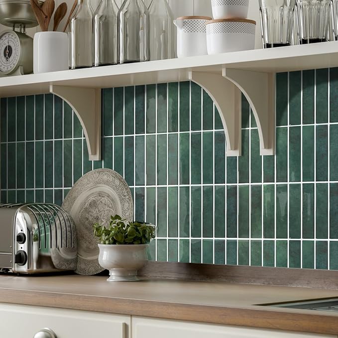 Commomy Green Peel and Stick Tile - 10 Pcs of 12'' x 12'' Vertical 3D Peel and Stick Backsplash for Kitchen and Bathroom Interior Wall Tile(Glossy Surface, Covers 10 sq.ft)