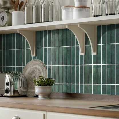 Commomy Green Peel and Stick Tile - 10 Pcs of 12'' x 12'' Vertical 3D Peel and Stick Backsplash for Kitchen and Bathroom Interior Wall Tile(Glossy Surface, Covers 10 sq.ft)