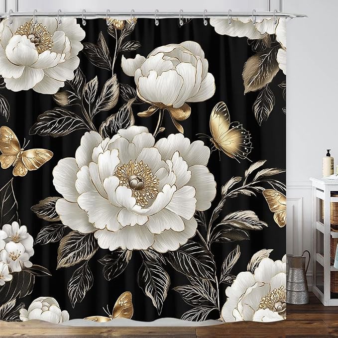 Black and Gold Boho Floral Shower Curtain, Vintage Unique Dark Flowers Botanical Aesthetic Decorative Shower Curtain, Pretty Gold Boho Farmhouse Fabric Curtain Bathroom Accessories with Hooks 72"x72"