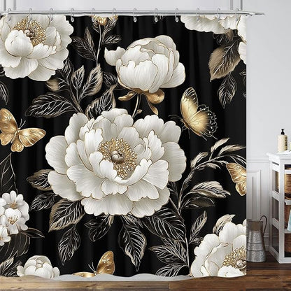 Black and Gold Boho Floral Shower Curtain, Vintage Unique Dark Flowers Botanical Aesthetic Decorative Shower Curtain, Pretty Gold Boho Farmhouse Fabric Curtain Bathroom Accessories with Hooks 72"x72"