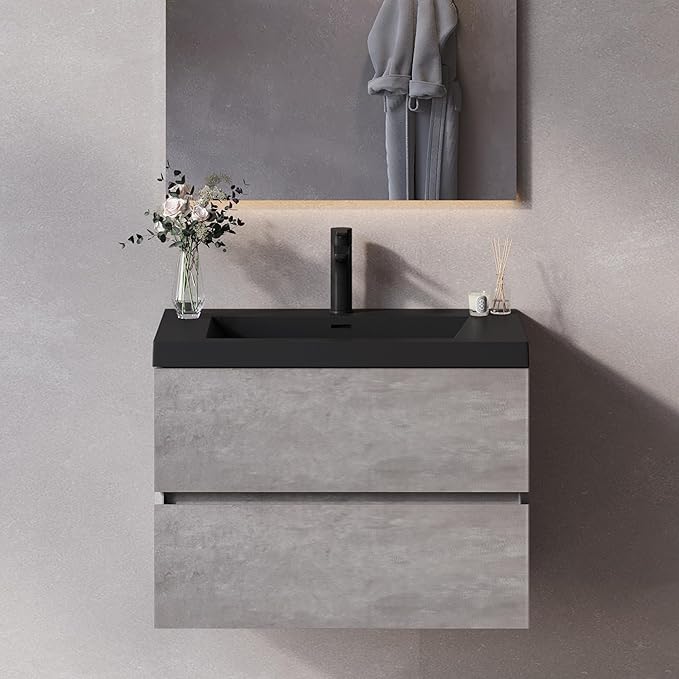Wall Mounted 30 Inch Bathroom Vanity with Sink, Floating Vanity Bathroom, Single Sink Bathroom Vanity, 2 Drawers, Resin Integrated Sink (Dark Birch)