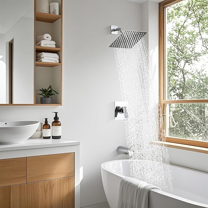 Shower Faucet Set with Tub Spout, 8 Inch Square Wall Mounted Rainfall Shower Head with Rough-in Valve Body, Bathroom Shower Trim Kit Single Function RV Shower System(Chrome)