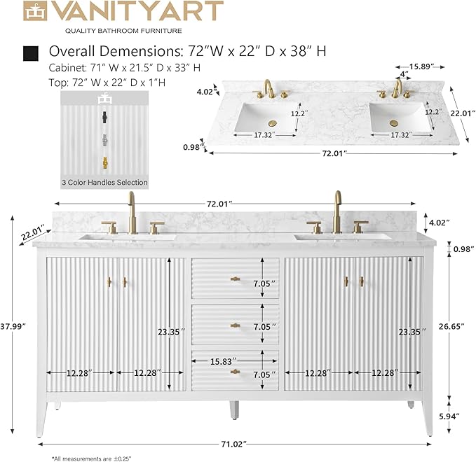 Vanity Art 72 inch Bathroom Vanity with Double Sink & Ceramic Top, Vanity Cabinet with Soft-Closing Door, Solid Wood Frame, Linear Pattern, White, Golden Brushed Handware VA91726-DW-GB