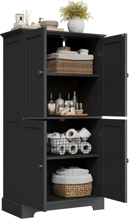 ChooChoo Bathroom Floor Cabinet with Adjustable Shelves | Bathroom Storage Cabinet, 4 Doors, Freestanding Cupboard for Living Room, Kitchen Pantry, Black
