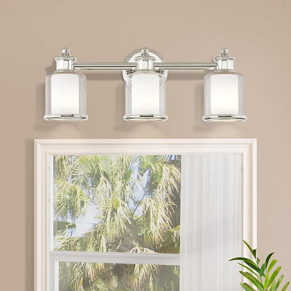 Livex Lighting 40213-35 Middlebush Collection 3-Light Bathroom Vanity Light with Double Shaded Hand Crafted Glass Shades, Polished Nickel, 23.5 x 6.5 x 9