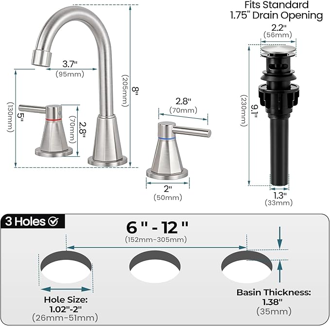 Bathroom Faucet 3 Hole, Brushed Nickel Bathroom Sink Faucet with 360°Swivel Spout, 8 inch Widespread 2 Handle Faucet for Bathroom Sink Vanity RV with Pop-up Drain Supply Line Stainless Steel