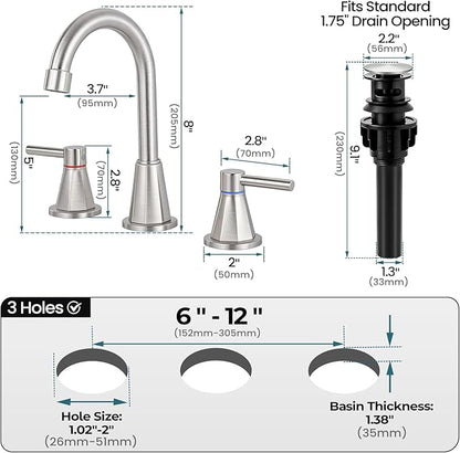 Bathroom Faucet 3 Hole, Brushed Nickel Bathroom Sink Faucet with 360°Swivel Spout, 8 inch Widespread 2 Handle Faucet for Bathroom Sink Vanity RV with Pop-up Drain Supply Line Stainless Steel