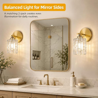 2-Pack 1-Light Modern Matte Black Crystal Wall Sconces, Hardwired Indoor Bathroom Vanity Light Fixtures, Crystal Over Mirror Lamps for Living Room, Bedroom, Hallway