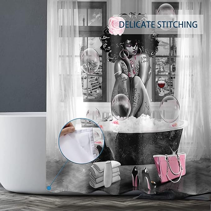 African American Woman Shower Curtain Waterproof Polyester Fabric Shower Curtain for Bathroom Grey Bathroom Curtain Machine Washable Quick Dry 72 x 72 Inches with 12 Hooks
