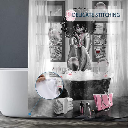 African American Woman Shower Curtain Waterproof Polyester Fabric Shower Curtain for Bathroom Grey Bathroom Curtain Machine Washable Quick Dry 72 x 72 Inches with 12 Hooks