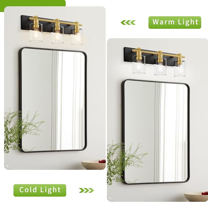 3-Light 21inch Black and Gold Vanity Light, Thickened Clear Glass | Over Mirror for Bathroom, Rust Resistant, E26 Base, Easy Install, Removable Glass Shade Horizontal Mount, Dimmable