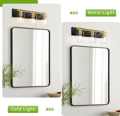 3-Light 21inch Black and Gold Vanity Light, Thickened Clear Glass | Over Mirror for Bathroom, Rust Resistant, E26 Base, Easy Install, Removable Glass Shade Horizontal Mount, Dimmable