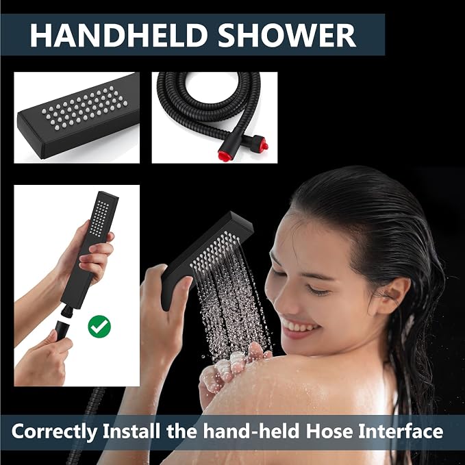 Aolemi Ceiling Shower Faucet Set with Handheld 16" LED Head Matte Black | Handheld Spray,16 Inch Rain LED Head,Shower Valve and Trim Kit,All Metal,Ceiling System,Bathroom Mixer