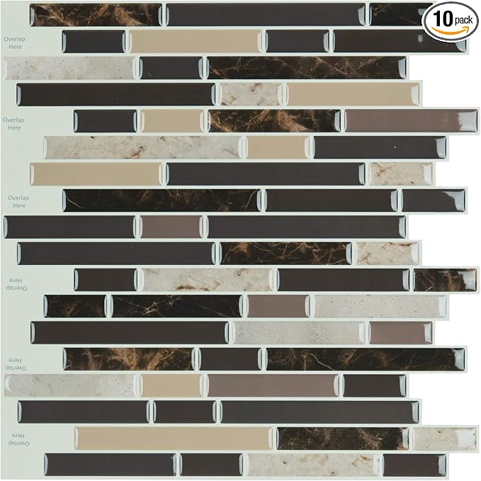 Art3d Peel and Stick Stone Wall Tile, 11.8" x 11.8", 10-Sheet, Brown Marble | Moisture Resistant, Strong Adhesive, Sturdy, Cleanable, Easy to Install, for Kitchen, Laundry Room, Ideal for New Home Buyers