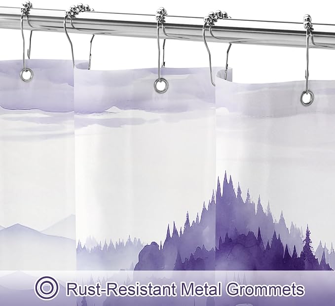 Litabel Purple Misty Pine Forest Shower Curtain, Mountain Foggy Woodland Scenery Tree Shower Curtains for Chic Rustic Bathroom, Abstract Modern Waterproof Nature-Themed Decor, 72x72 Inches