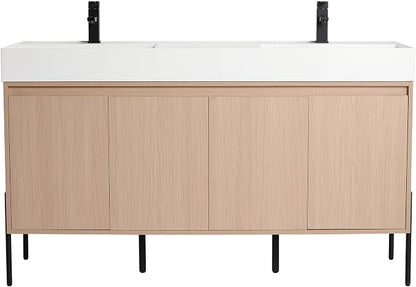 Crownpoint 60 Inch Bathroom Vanity with Sink, White Double Sink, White Oak Finish, Full Assembly Required, Elegant Bathroom Vanities for Modern Homes