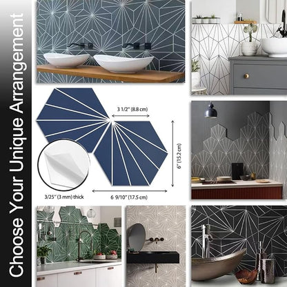 AULIGET Flower Vintage Hexagon Tile Peel and Stick Backsplash, 6"x7" Self Adhesive Wall Tiles in Blue (Pack of 45)
