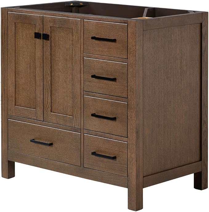 ARIEL Cambridge 36-inch Bathroom Vanity Base Cabinet,Solid Wood, 2 Soft Closing Doors, 5 Dovetail Drawers, Brown Oak